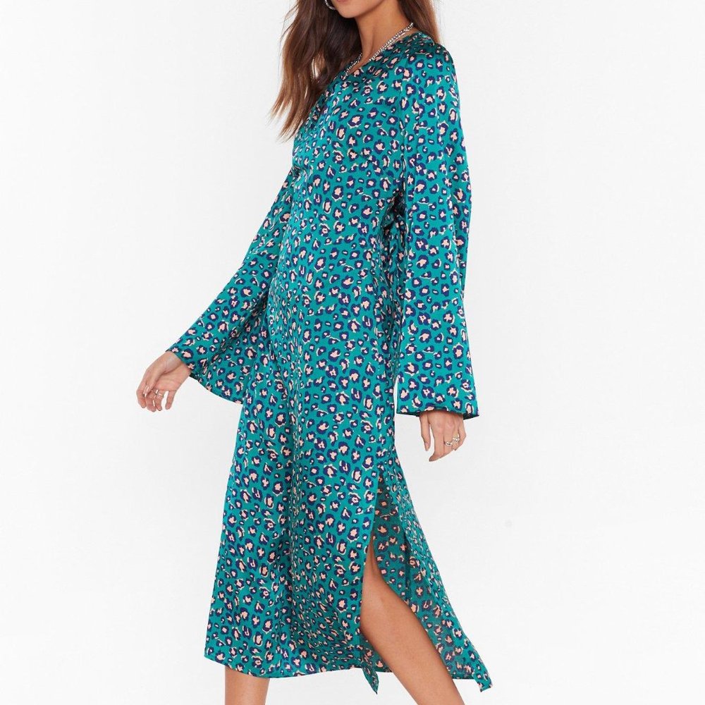 Come Down Leopard On 'Em Satin Midi Dress Teal Green Size 2